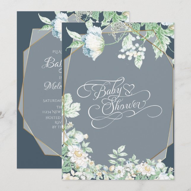 Baby Shower |  Dusty Blue Wildflowers Berries  Invitation (Front/Back)
