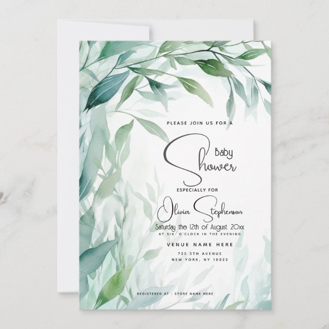 Baby Shower- Dusty Blue Willow Leaves Invitation (Front)
