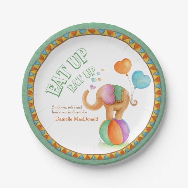 Baby Shower eat up circus style elephant art plate (Front)