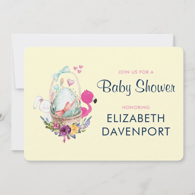 Baby Shower Egg Nesting w/ Flamingo & Bunny Invitation (Front)