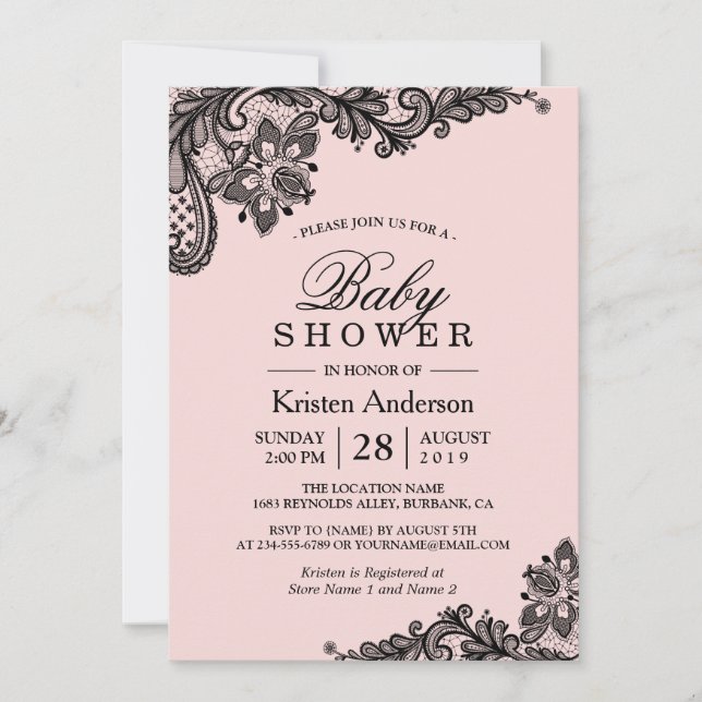 Baby Shower Elegant Blush Pink Black Lace Invitation (Front)