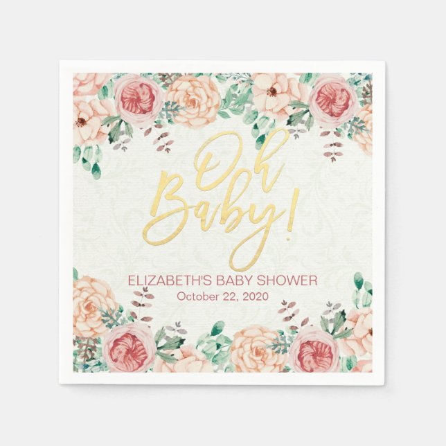Baby Shower Elegant Chic Pink Watercolor Floral Napkin (Front)