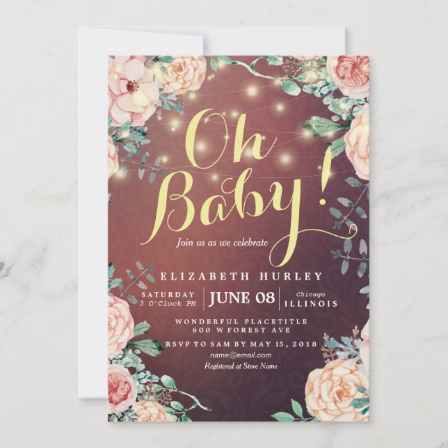 Baby Shower Elegant Floral String Lights Burgundy Invitation (Front)