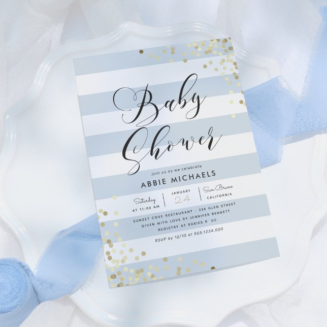 Baby Shower | Elegant Gold Confetti & Blue Stripes Invitation (Creator Uploaded)