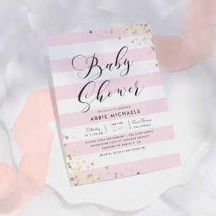 Baby Shower   Elegant Gold Confetti & Pink Stripes Invitation