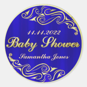 Baby Shower Elegant Regal Golden Blue Classic Round Sticker