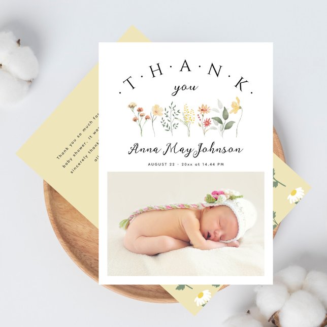 Baby Shower Elegant Script Wildflower Photo Thank You Card (Creator Uploaded)