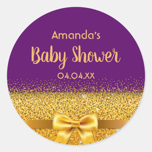 Baby Shower elegant violet purple with golden bow Classic Round Sticker (Front)