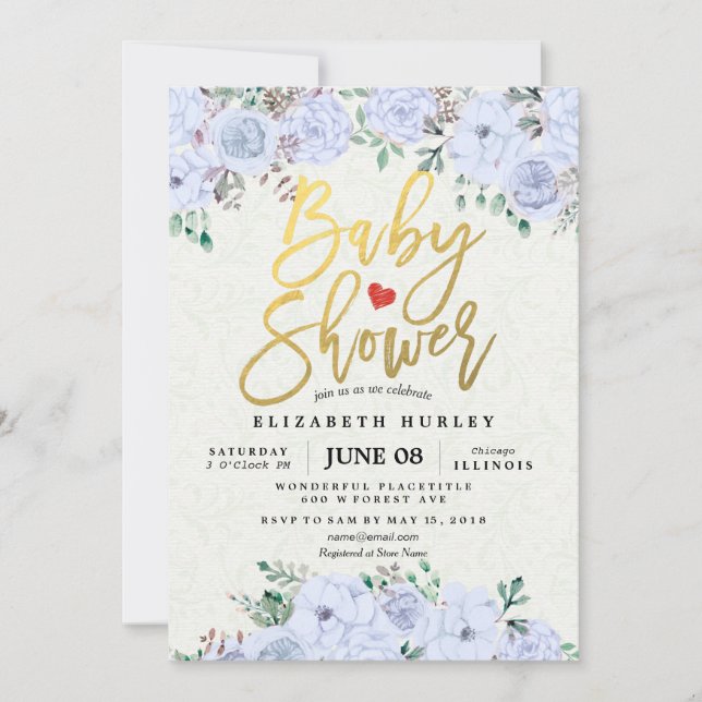 Baby Shower Elegant Watercolor Floral Gold Script Invitation (Front)