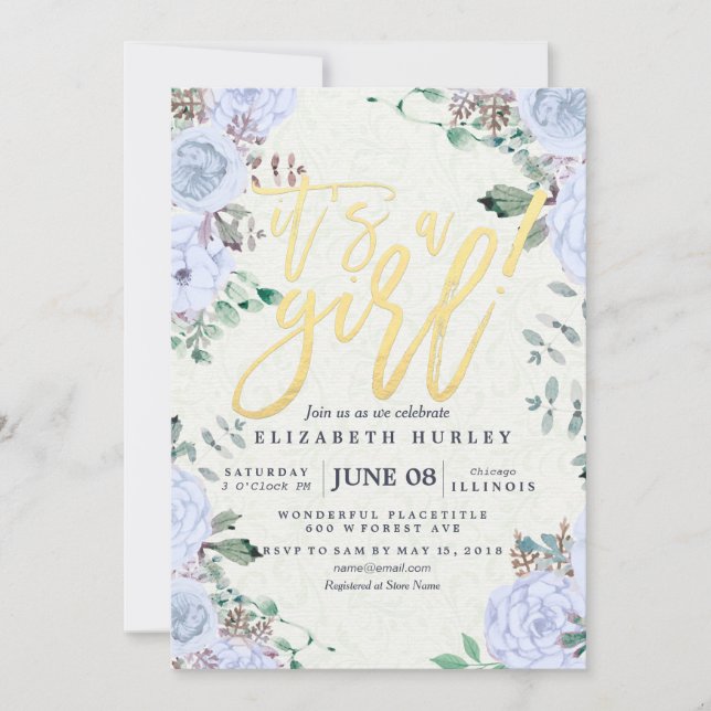 Baby Shower Elegant Watercolor Floral Gold Script Invitation (Front)