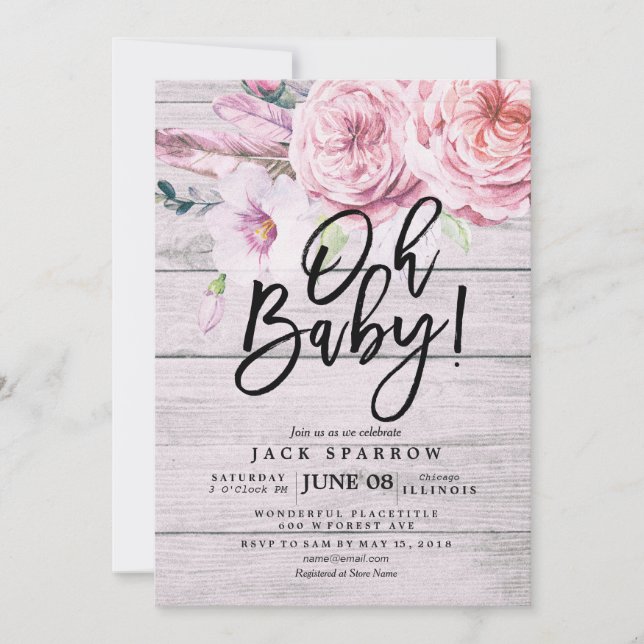Baby Shower Elegant Watercolor Floral Rustic Wood Invitation (Front)