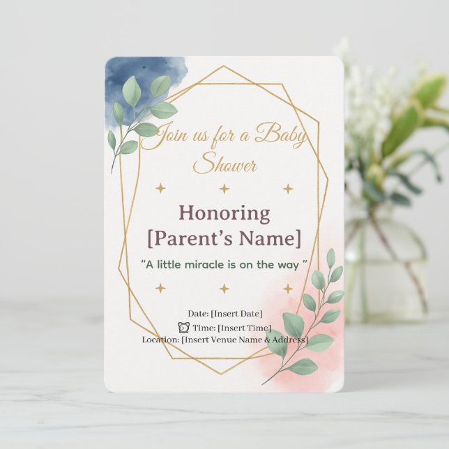 Baby Shower Elegant Watercolor  with Gold Invitation (Standing Front)