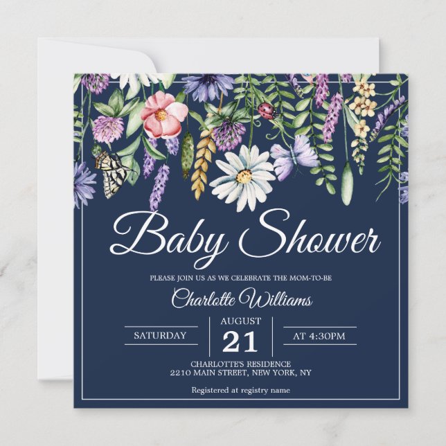 Baby Shower Elegant Wildflowers Navy Blue Floral Invitation (Front)