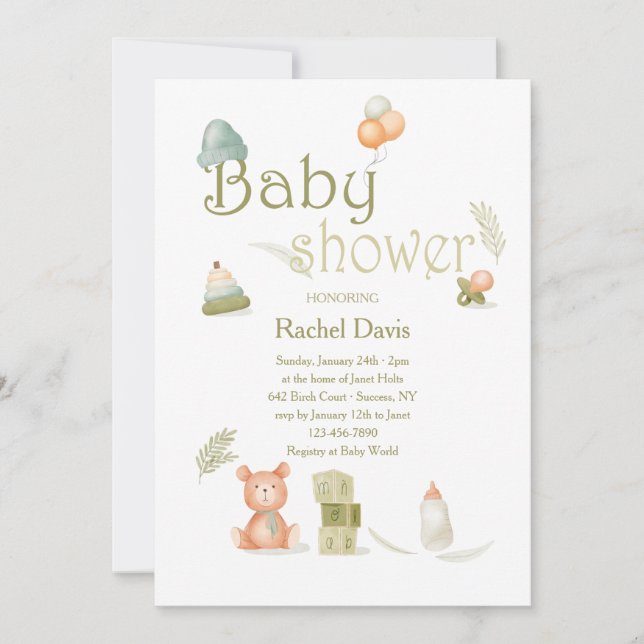 Baby Shower Elements in Watercolor Invitation (Front)