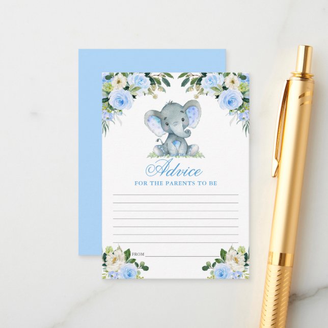 Baby Shower Elephant Blue Floral Advice Enclosure Card (Front/Back In Situ)