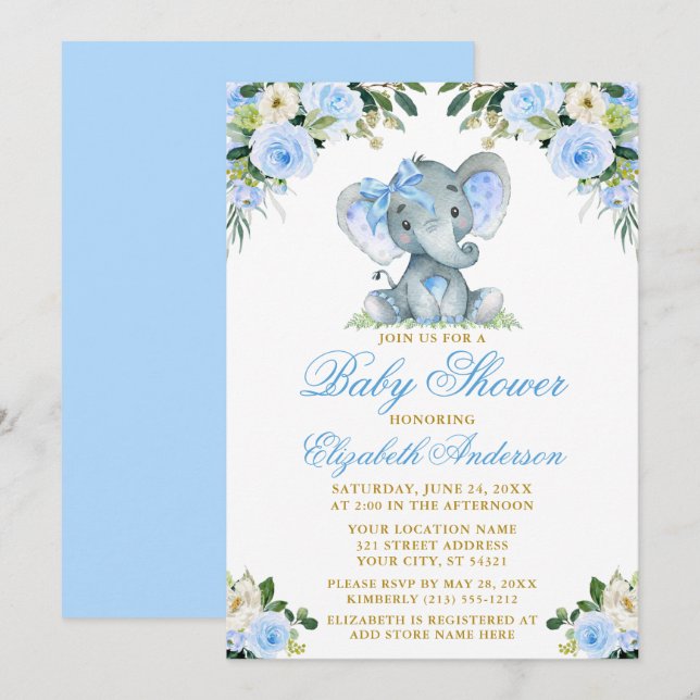 Baby Shower Elephant Bow Blue Floral Gold Invitation (Front/Back)