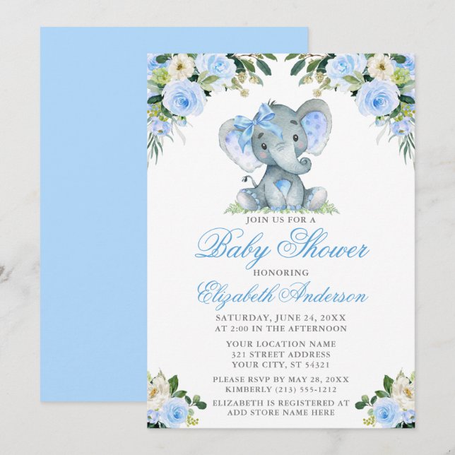 Baby Shower Elephant Bow Blue Floral Silver Invitation (Front/Back)