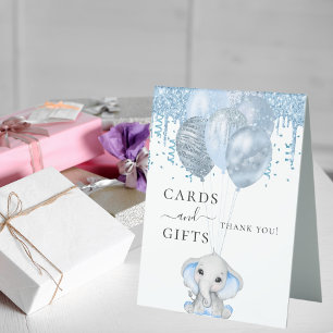 Baby Shower elephant boy blue balloons white gifts