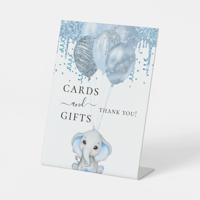 Baby Shower elephant boy blue balloons white gifts Pedestal Sign (Front)