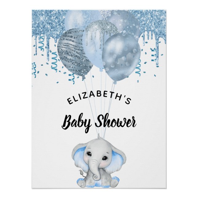 Baby Shower elephant boy light blue white balloons Poster (Front)