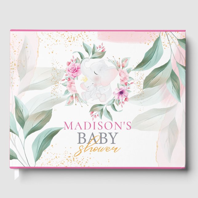 Baby shower Elephant Elegant girl Personalised Guest Book (Front)