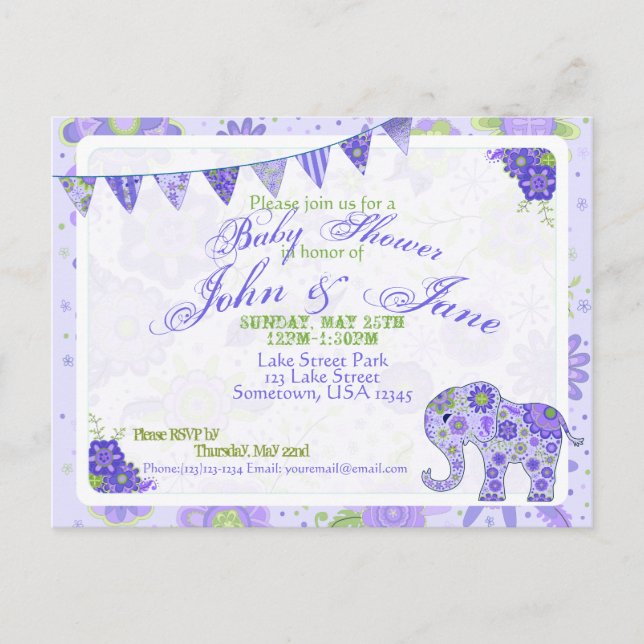 Baby Shower Elephant Flowers Purple Invitation Postcard (Front)