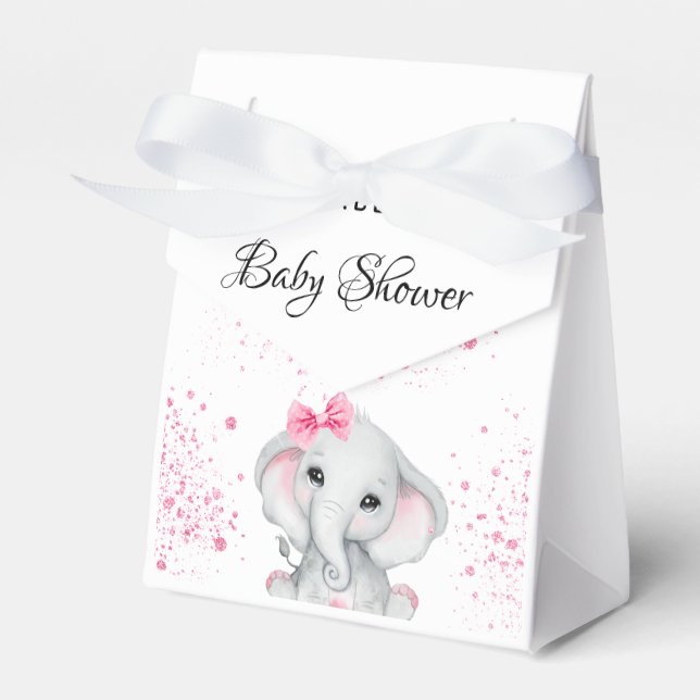 Baby Shower elephant girl pink glitter Favour Box (Front Side)