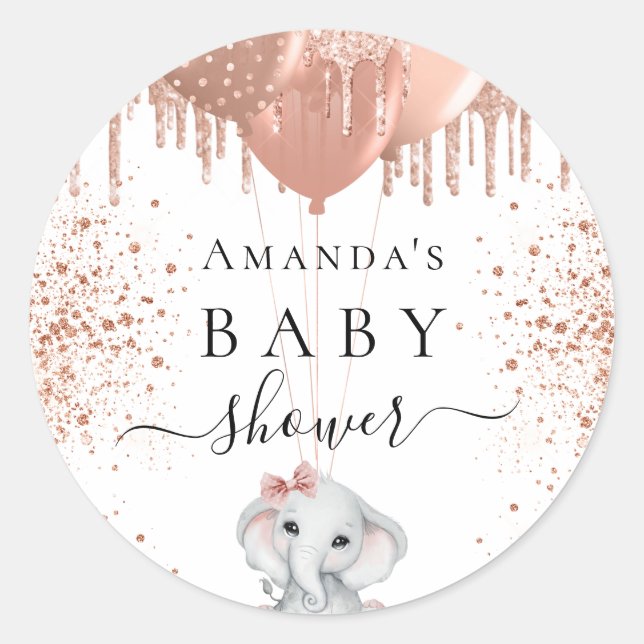 Baby Shower elephant girl rose gold glitter Classic Round Sticker (Front)