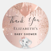 Baby Shower elephant girl rose gold glitter thanks Classic Round Sticker (Front)