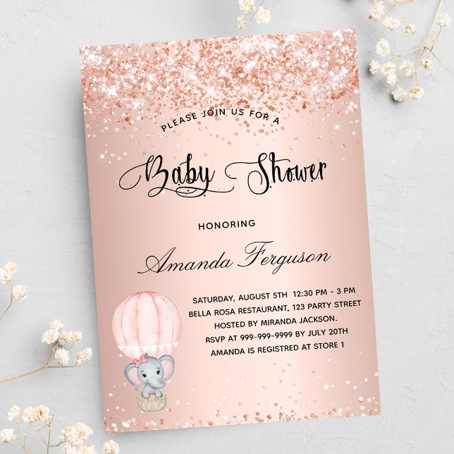 Baby Shower elephant girl rose hot air balloon Invitation Postcard (Creator Uploaded)