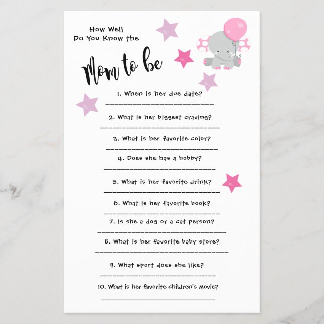 Baby Shower Elephant How well you know the card (Front)