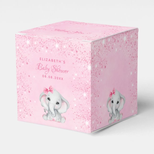 Baby Shower elephant pink glitter girl name Favour Box (Front Side)