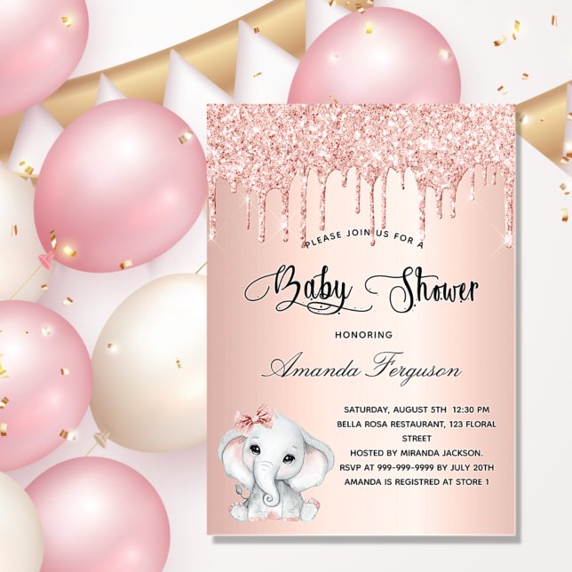 Baby Shower elephant rose gold girl glitter drips Invitation (Creator Uploaded)