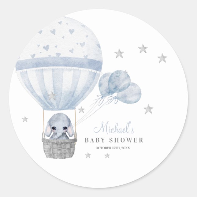 Baby Shower Elephant with Air Hot Balloon   Classic Round Sticker (Front)