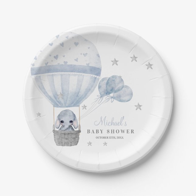 Baby Shower Elephant with Air Hot Balloon    Paper Plate (Front)