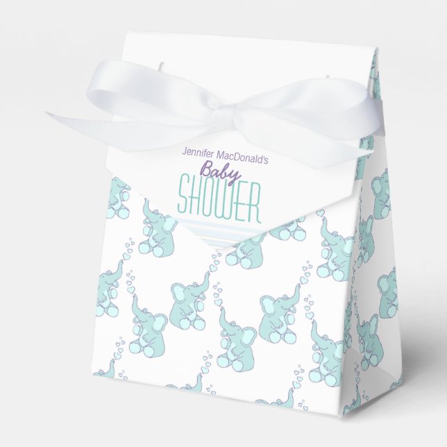 Baby shower elephants aqua white gift favour box (Front Side)