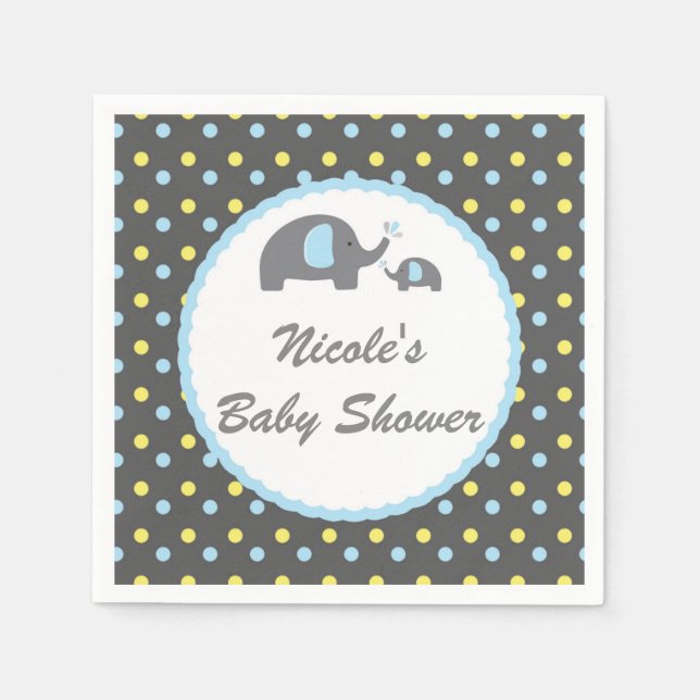Baby Shower Elephants Blue Grey & Yellow Napkin (Front)