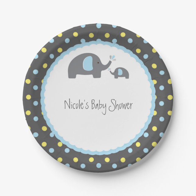 Baby Shower Elephants Blue Grey & Yellow Paper Plate (Front)