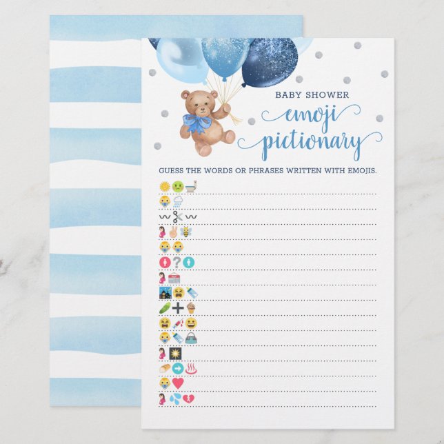 Baby Shower Emoji Pictionary Game Teddy Bear Theme (Front/Back)