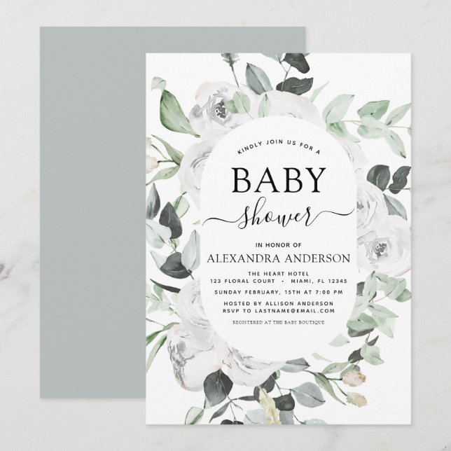 Baby Shower Eucalyptus Floral White Roses Greenery Invitation (Front/Back)