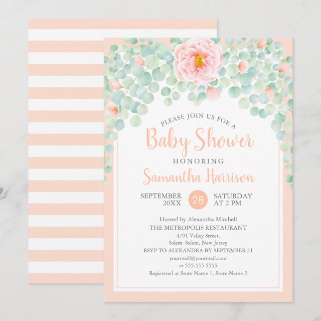 Baby Shower Eucalyptus Foliage Floral Peach Sage Invitation (Front/Back)