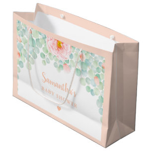 Baby Shower Eucalyptus Foliage Floral Peach Sage Large Gift Bag