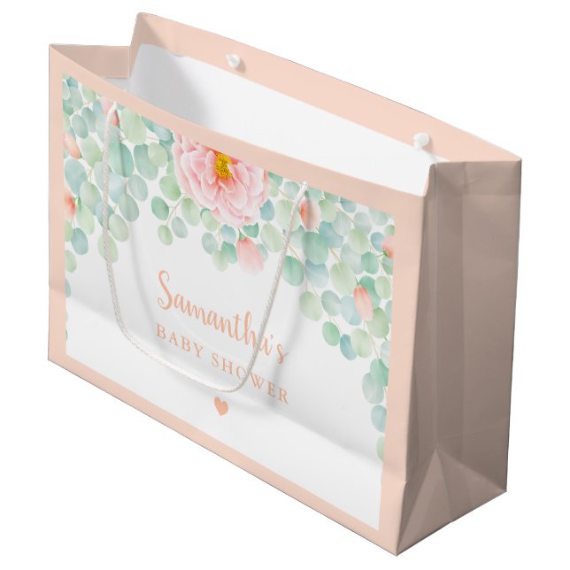 Baby Shower Eucalyptus Foliage Floral Peach Sage Large Gift Bag (Front Angled)