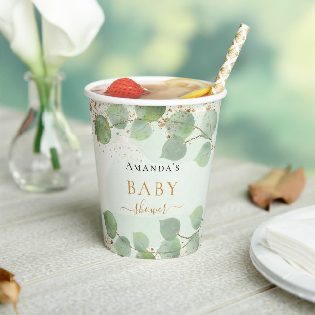 Baby shower eucalyptus glitter gold monogram paper cups (Insitu)