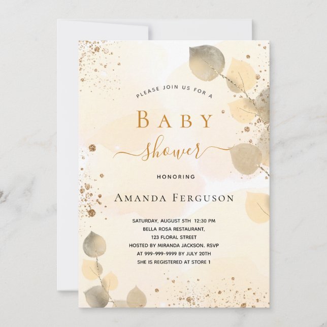 Baby Shower eucalyptus glitter golden fall Invitation (Front)