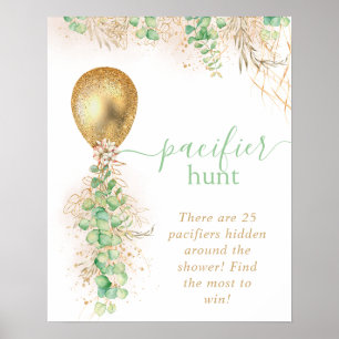  Baby Shower Eucalyptus Gold Balloon Pacifier Hunt Poster