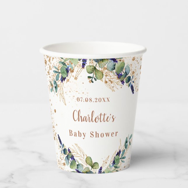 Baby shower eucalyptus greenery glitter monogram paper cups (Front)