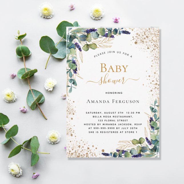 Baby Shower eucalyptus greenery gold glitter Invitation (Creator Uploaded)