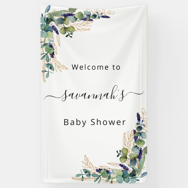 Baby shower eucalyptus greenery gold monogram banner (Vertical)