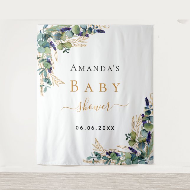 Baby Shower eucalyptus greenery gold monogram Tapestry (Front)